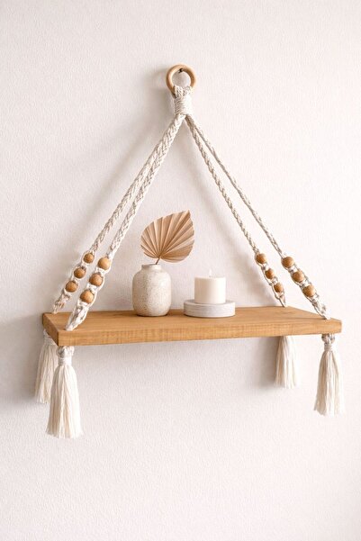 VOBU HOME & LIFE DESIGN Boho Stil Örgü Askılı Doğal Ahşap Raf, Masif Makrome ...