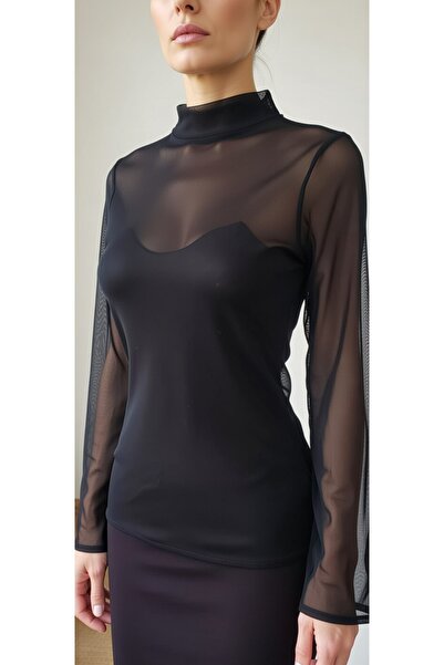 MODA NUR MODANUR Μαύρο Χρώμα, Λύκρα, Διαφανής Μπλούζα από Τούλι. Μέγεθος S