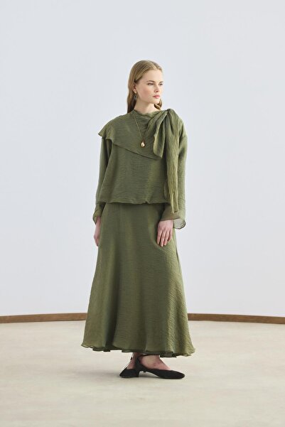 KADRİYE BAŞTÜRK Şal Yaka Gömlek Etek Takım Zeytin