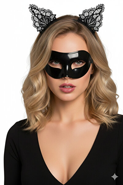 TanOzel طقم مكون من قطعتين: تاج أذن القطة بتفاصيل من الدانتيل وقناع العين الب...