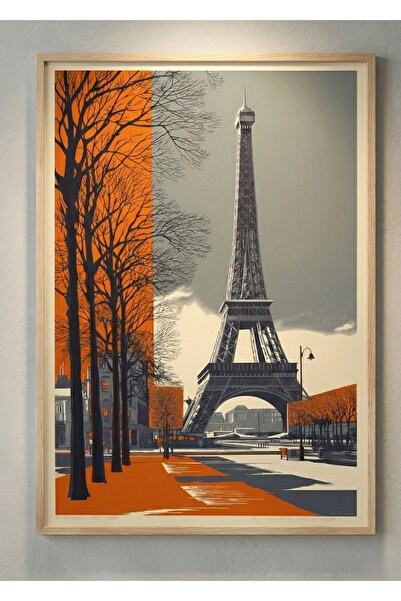 Dekor Paleti Paris Eyfel Kulesi Vintage Retro Çerçeveli Tablo - Turuncu Siyah...