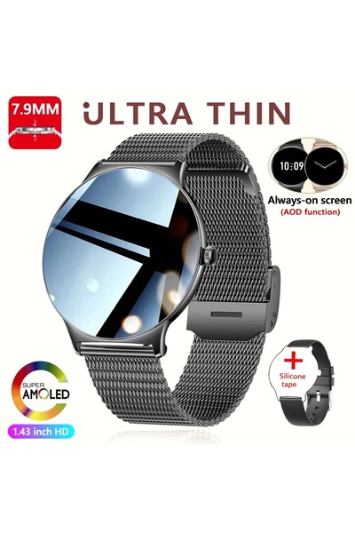 Choice شبكة سوداء لساعة ذكية جديدة فائقة النحافة بتقنية AMOLED للنساء، شاشة ت...