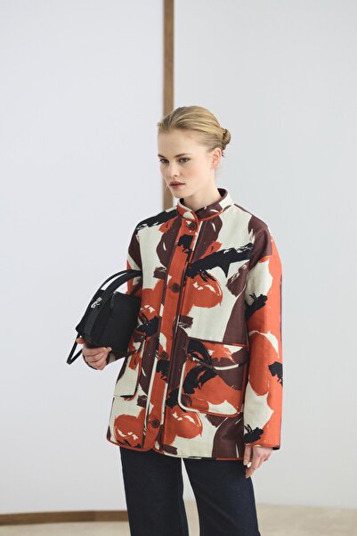 KADRİYE BAŞTÜRK Patterned Slim Quilted Jacket with Stand Collar and Pocket, B...