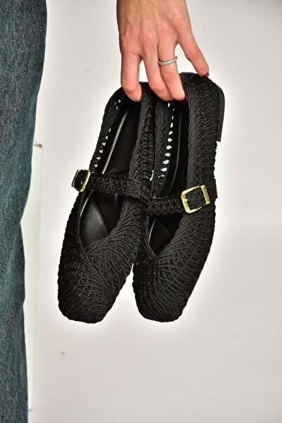 Fox Shoes Y444540004 Balerini de damă cu detalii din plasă de țesătură neagră