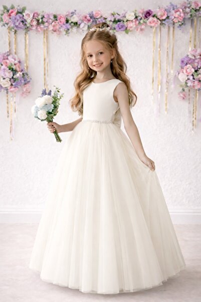 SUNEH Κοριτσίστικο φόρεμα από τούλι σε εκρού χρώμα με πέρλες στη μέση και σατ...