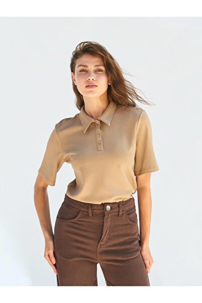 Coral 071824 Padded Polo Neck Blouse Beige