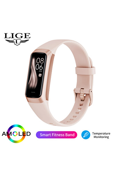 Lige سوار ذكي وردي اللون مزود بشاشة AMOLED مقاس 1.1 بوصة لمراقبة معدل ضربات ا...
