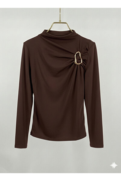 Potenza Women's Blouse with Gold Buckle Detail, Gathered Long Sleeves, Sandy ...