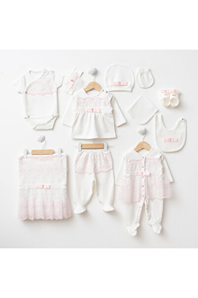 Eda Baby Pink Lace and Bow Detailed 11-Piece Baby Hospital Outfit - 100% Cotton