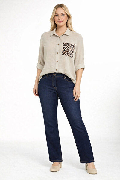 Moda Berray 1675-BEJ KOLU APOLETLİ LEOPAR CEP DETAYLI KETEN GÖMLEK