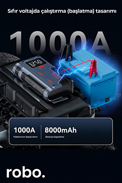 ROBO Süper 4'lü Şarjlı Akü Ateşleyici Lastik şişirici Powebank Led ışık 150Psi Yüksek basınçlı Gri