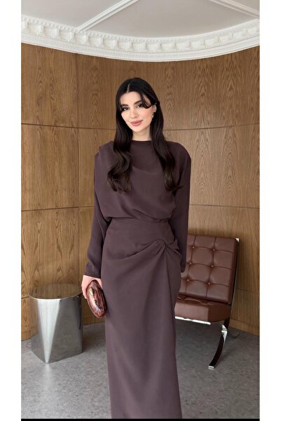 HAZELANNA Drapeli Skirt-Blouse Brown Set