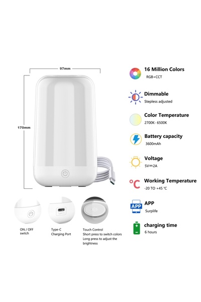 Choice مصباح ليلي لاسلكي متعدد الوظائف يعمل باللمس الذكي ببطارية 3600 مللي أم...