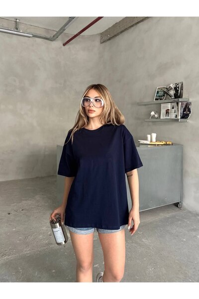 HepsitrentStore Two Thread Basic Navy Blue Oversize T-Shirt