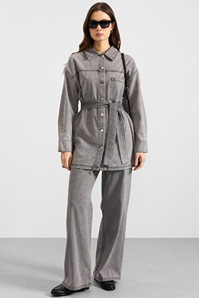 Olcay Metal Buttoned Soft Denim Jacket Pants Gray 9401-Tk