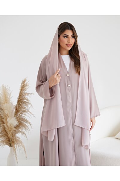 lune Blush cream abaya with pearl buttons details with marching scarf