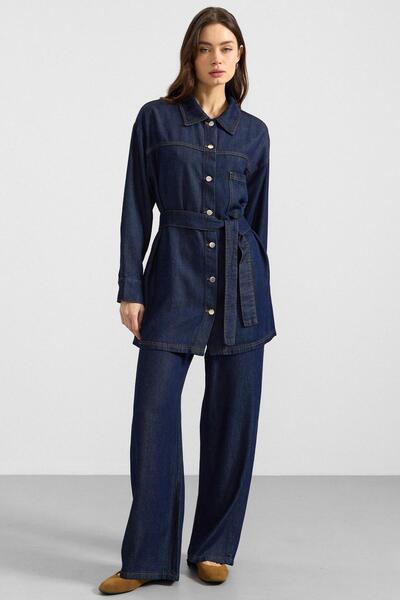 Olcay Metal Buttoned Soft Denim Jacket Trousers Dark Blue 9401-Tk