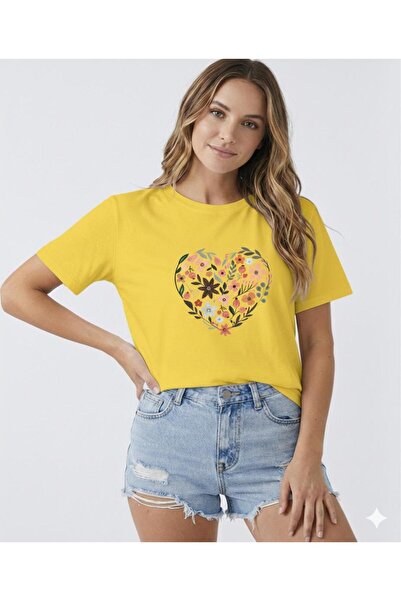 BW Bravely Wear Tricou de damă cu decolteu rotund, cu imprimeu inimă și lalele