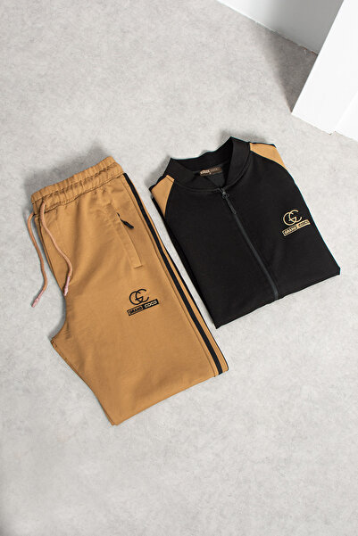 grand coco Men's 2 Thread Combed Cotton Fabric Wide Leg Black Tracksuit Set