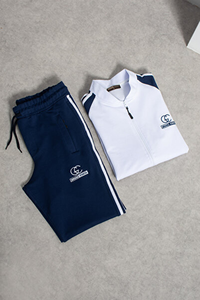 grand coco Men's 2 Thread Combed Cotton Fabric Wide Leg Navy Blue White Track...