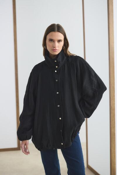 KADRİYE BAŞTÜRK High Collar Drawstring Bomber Jacket Black