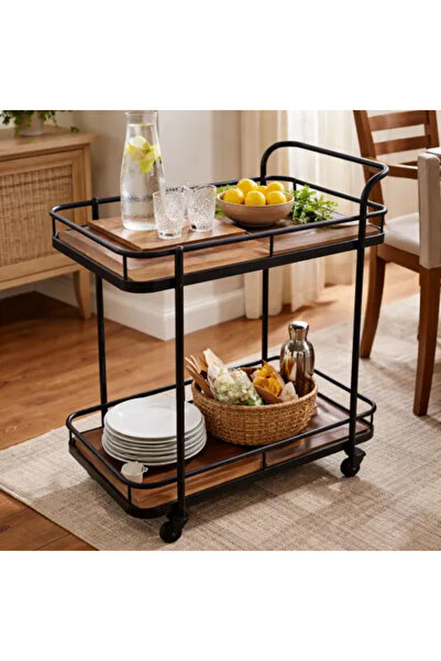 Palma homez Wood and Metal Serving Table with Wheels and Two Shelves - Brown ...