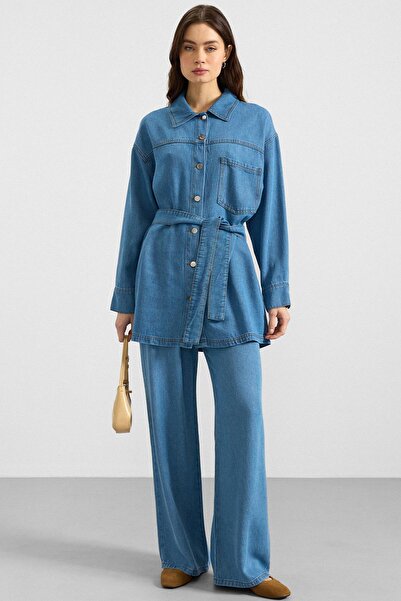 Olcay Metal Buttoned Soft Denim Jacket Trousers Blue 9401-Tk