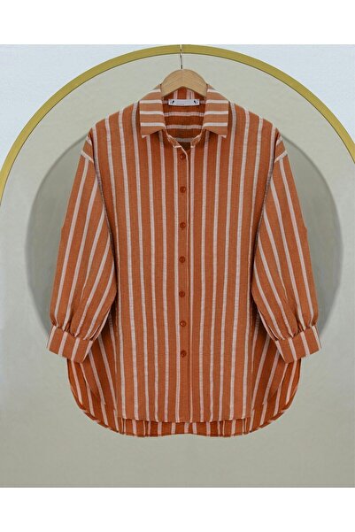 Kirazgym Women's Button-Down Shirt with Long Back Stripes - Tan