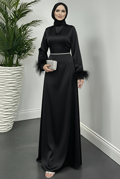 Şule Giyim Kolu Tüy Detaylı Saten Belinde Taş Kemerli Tesettür Mezuniyet Abiy...