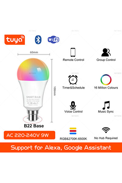 Choice Yes WIFI 220V B22 9W UK B22 Base TUYA Wifi Smart Bulb Bluetooth lamps ...