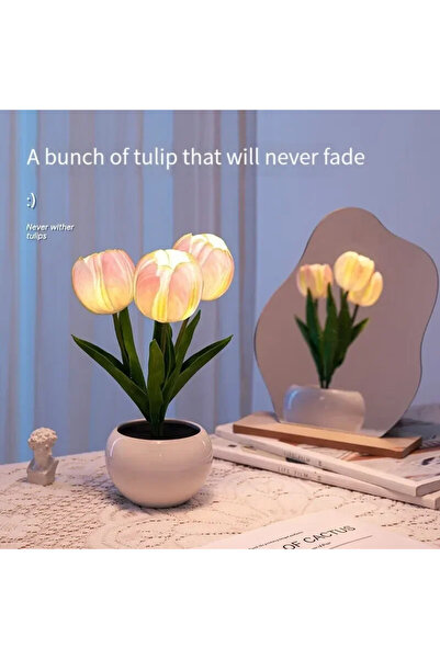 Choice مصباح طاولة بثلاث زهور توليب وردية اللون، مصباح LED بجانب السرير، باقة...