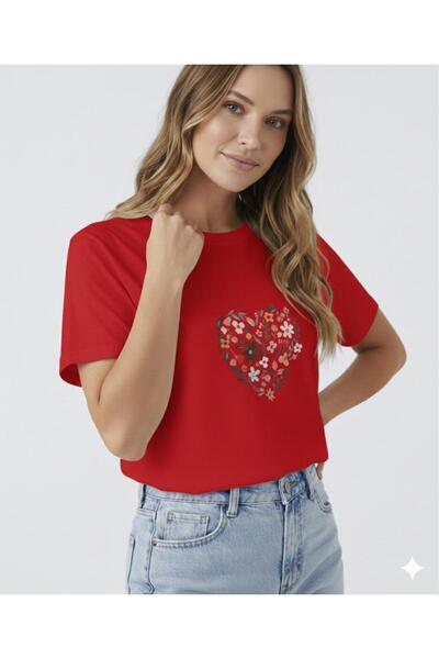 BW Bravely Wear Tricou de damă cu decolteu rotund, cu imprimeu inimă și lalele