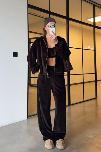 SHILSEE BEUTİQUE Women's Velvet 3-Piece Set Brown