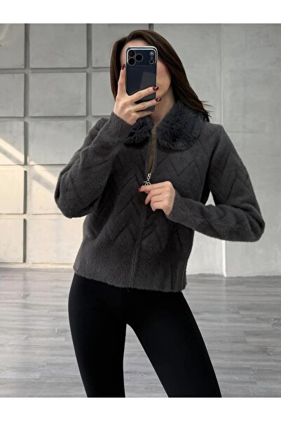 Coral Kürk Yakalı Fermuarlı Peluş Hırka Antrasit