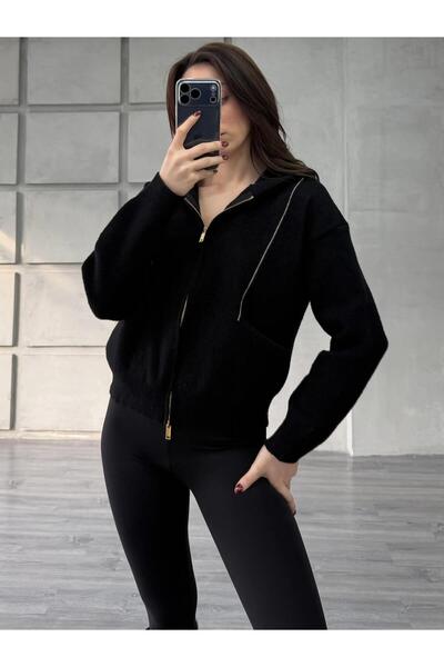 Coral Beaded Striped Hooded Plush Cardigan 145109 Black