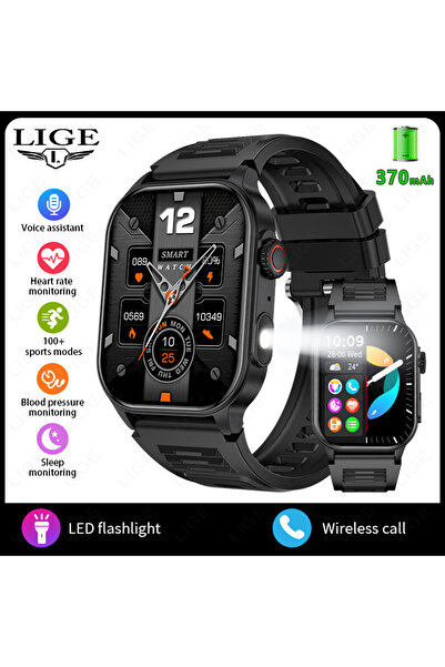 Lige ساعة ذكية سوداء من السيليكون للرجال، مزودة بمراقبة صحية رياضية ومكالمات ...