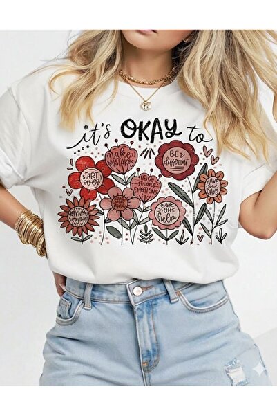 FAVORİST It's Okay to Flowers Short Sleeve Cotton Tshirt