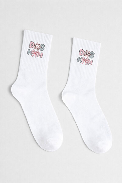 AYDESİGN Dog Mom White Cotton Tennis College Socks