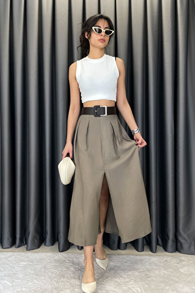 Crep Front Slit Belted Skirt-Khaki Khaki