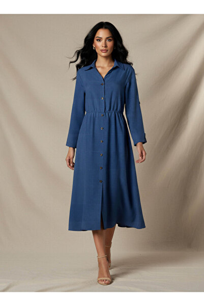 FAV Midi Linen Shirt Dress with 3/4 Sleeves