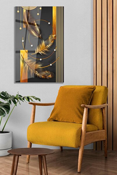 idealizbiz Pictură abstractă cu pene din sticlă aurie, modernă, pentru birou,...