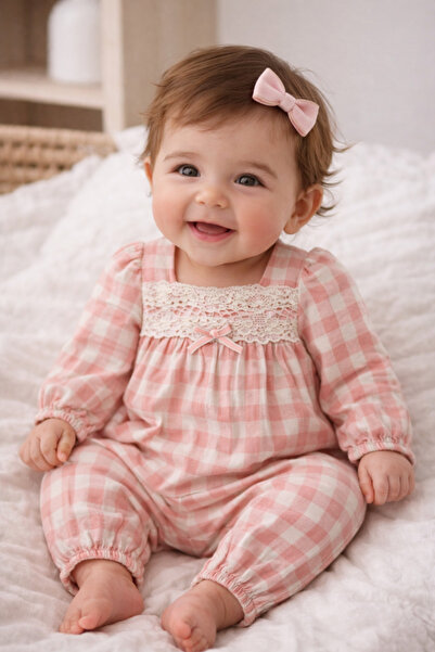 limebabies Tongs Girls 3-6-9 Months Lace Checked 100% Cotton Sensitive Jumpsu...