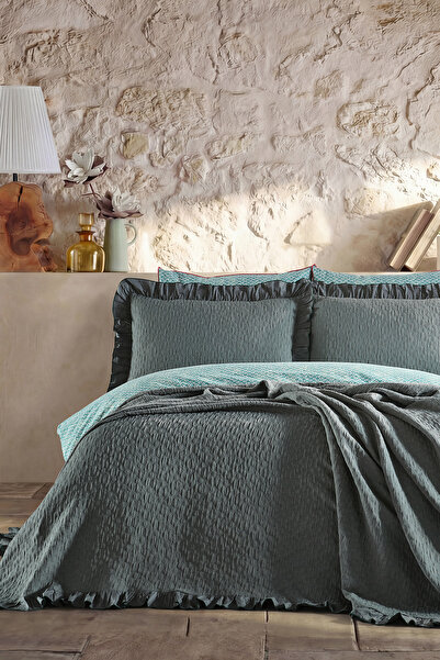 Doqu Home Leris Bouquet Ruffled Bedspread Double Stone Color