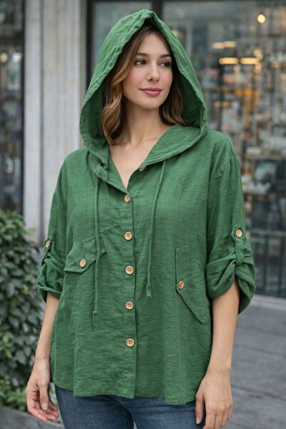 AGORATEKSTİL Women's Cotton Fabric Hooded Long Sleeve Design Shirt