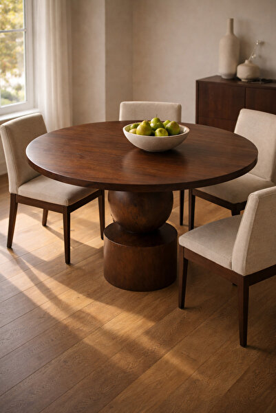 Trihome El Yapımı Tornalı Ayaklı Masif Yuvarlak Yemek Masası Modern Tasarım 1...