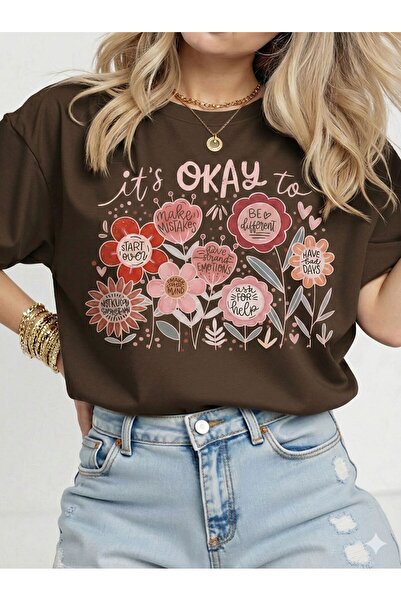 FAVORİST Tricou din bumbac cu mânecă scurtă it's Okay To Flowers