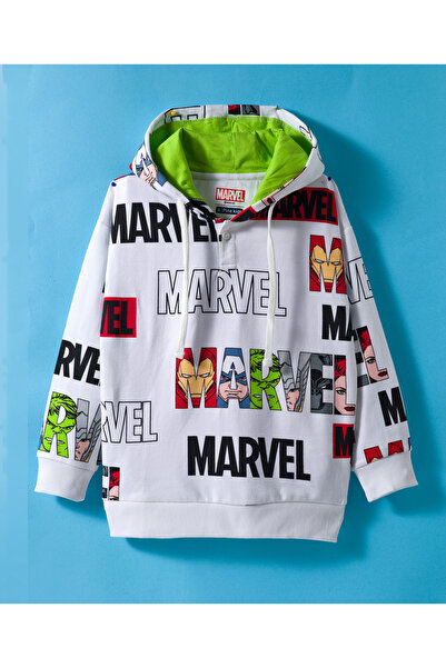 Pine Kids Marvel سويت شيرت أبيض بغطاء رأس وأكمام طويلة منسدلة من قماش تيري، م...