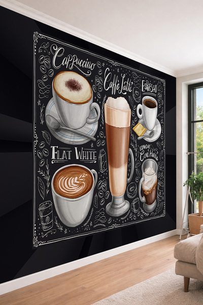 dreamwall Chalkboard Kahve Çeşitleri Cappuccino Latte Espresso Desenli Tek Pa...