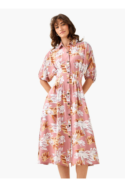 FAV فستان نسائي مطبوع عليه زهور، بتصميم قميص وياقة، مصنوع من الفسكوز.