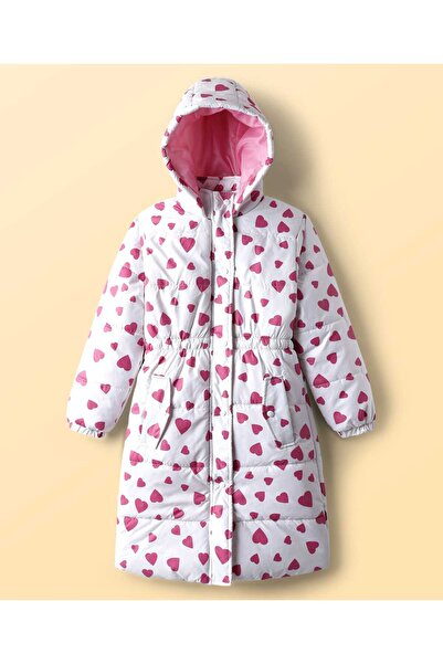 Pine kids Woven Full Sleeves Hooded Padded Jacket With Heart Print - White/Pink